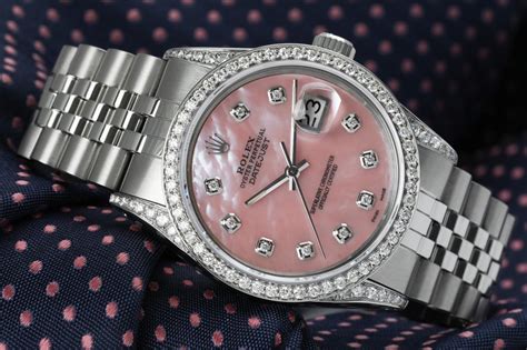 white gold rolex with diamonds and mother of pearl face|Rolex pink face diamond bezel.